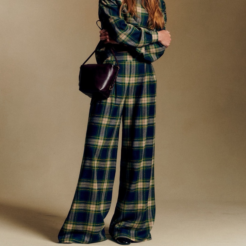 Sezane Navy and Green Plaid AZZIO TROUSERS - Picture 1 of 7